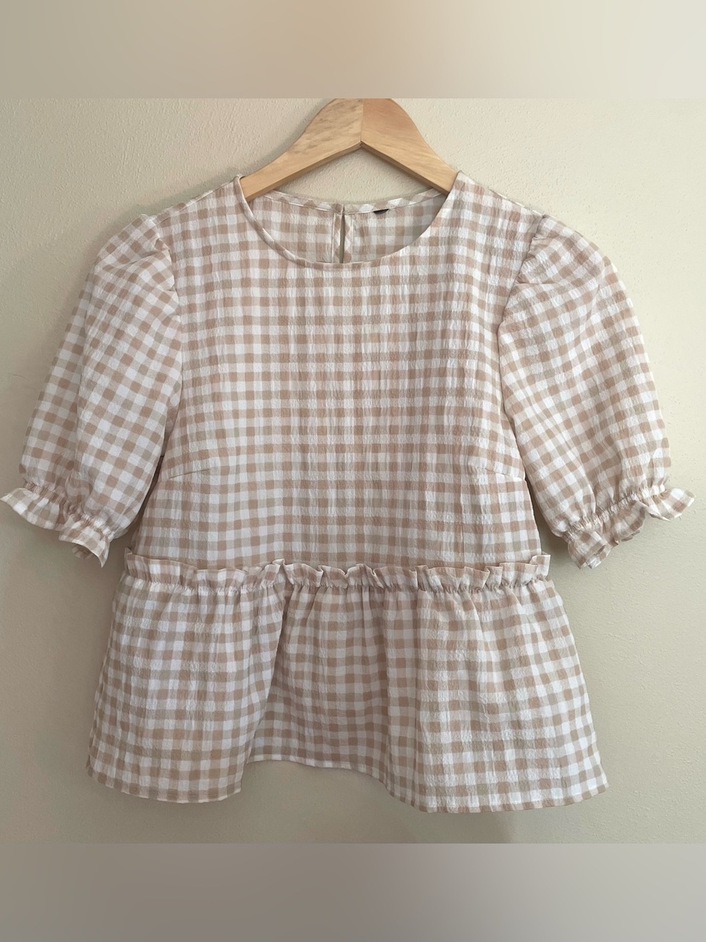Beige Gingham Peplum Top